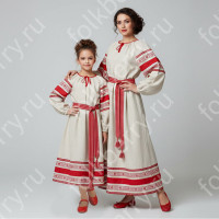 Платье Вологда, лен с красным